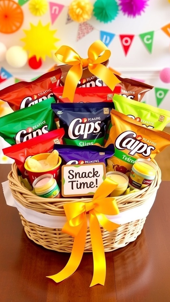 A gift basket with assorted chips and dips, decorated with a ribbon and tag.